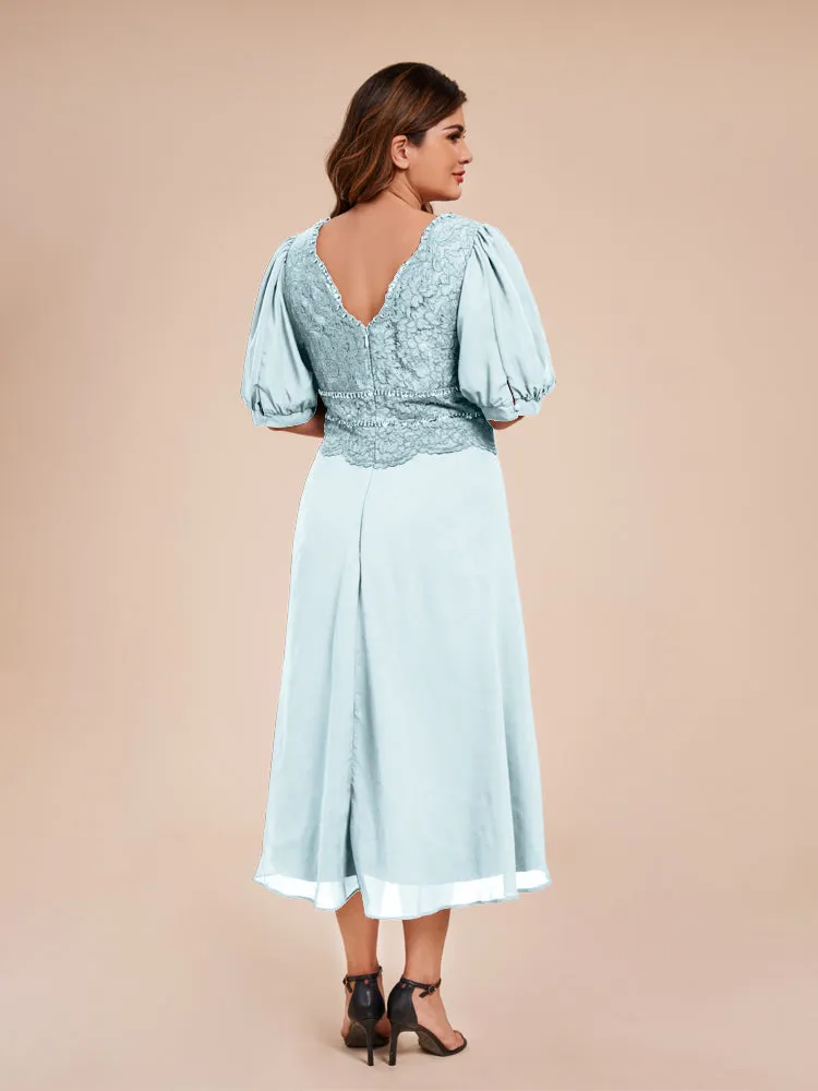 A-Line Lantern Sleeves V-Neck Lace Top Chiffon Mother Of The Bride Dress