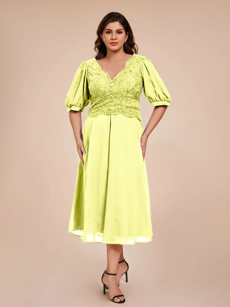 A-Line Lantern Sleeves V-Neck Lace Top Chiffon Mother Of The Bride Dress