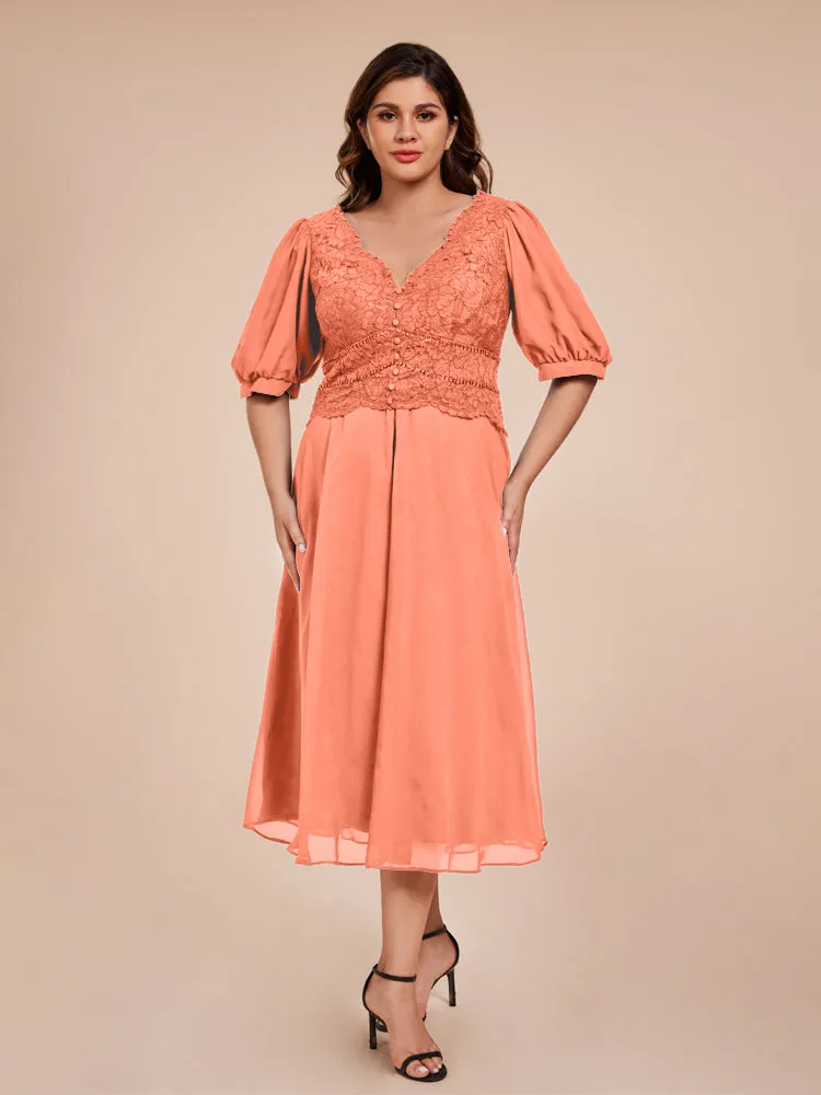 A-Line Lantern Sleeves V-Neck Lace Top Chiffon Mother Of The Bride Dress