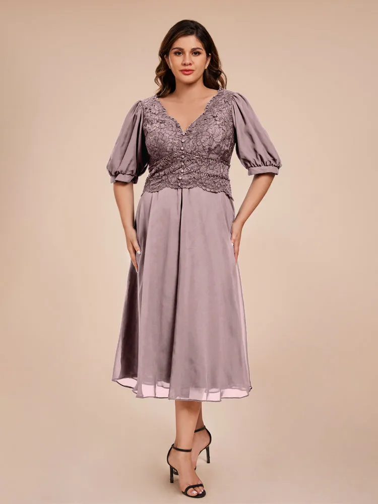 A-Line Lantern Sleeves V-Neck Lace Top Chiffon Mother Of The Bride Dress