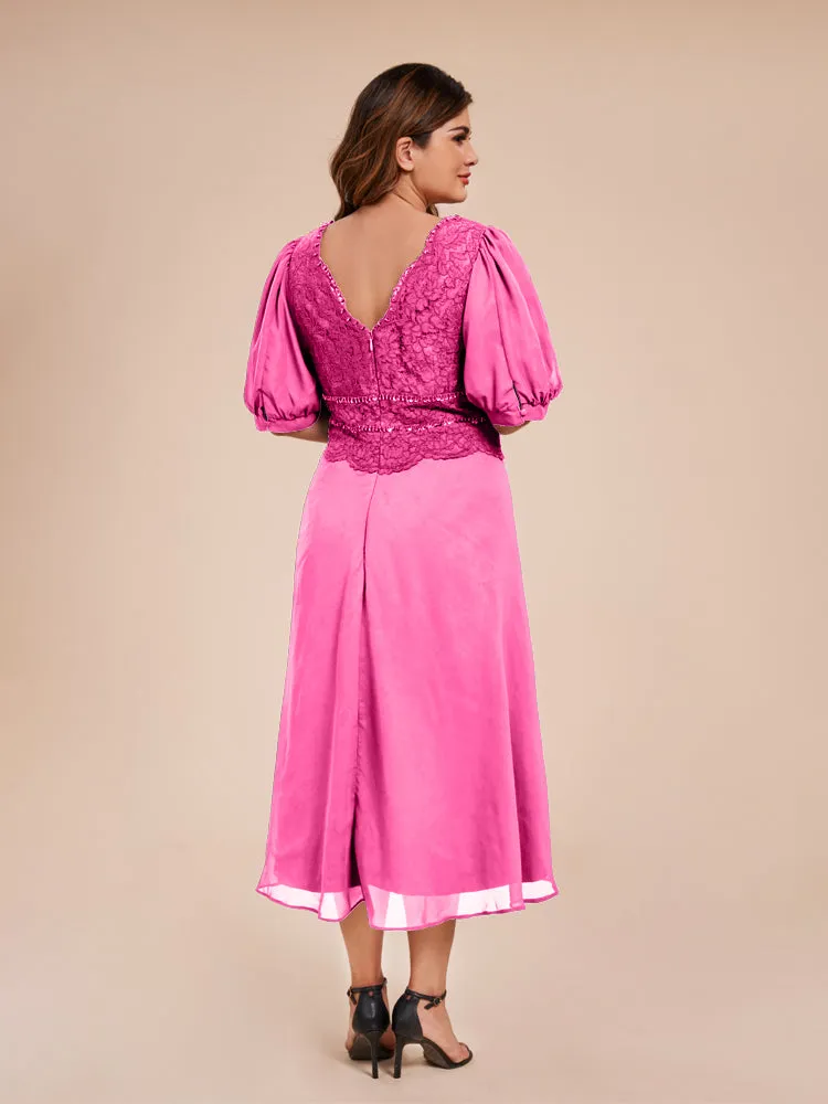 A-Line Lantern Sleeves V-Neck Lace Top Chiffon Mother Of The Bride Dress