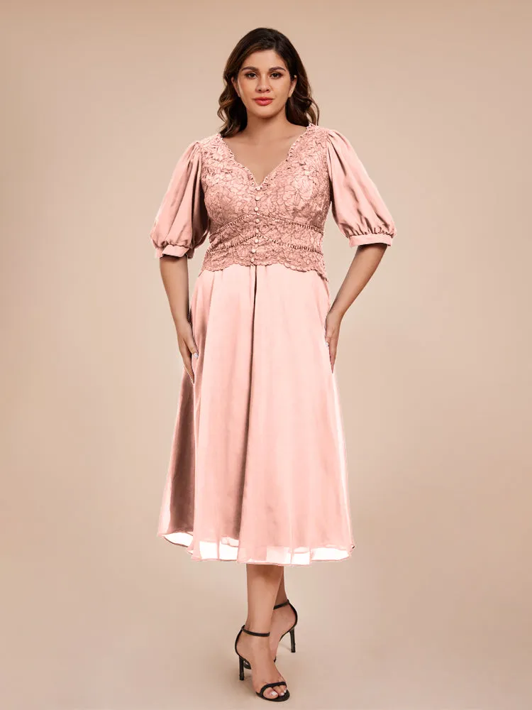 A-Line Lantern Sleeves V-Neck Lace Top Chiffon Mother Of The Bride Dress