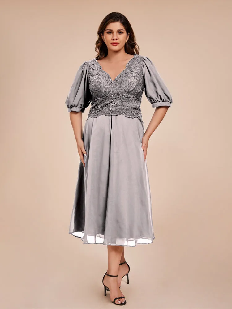 A-Line Lantern Sleeves V-Neck Lace Top Chiffon Mother Of The Bride Dress