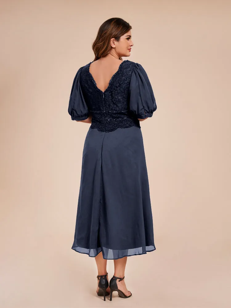 A-Line Lantern Sleeves V-Neck Lace Top Chiffon Mother Of The Bride Dress