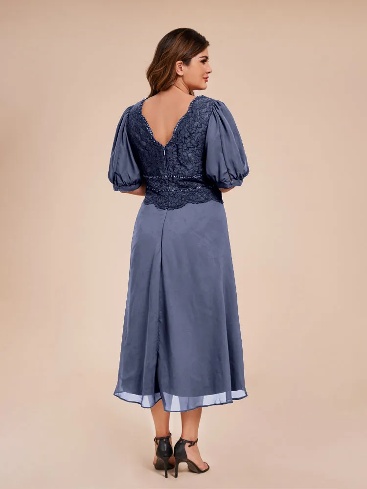 A-Line Lantern Sleeves V-Neck Lace Top Chiffon Mother Of The Bride Dress