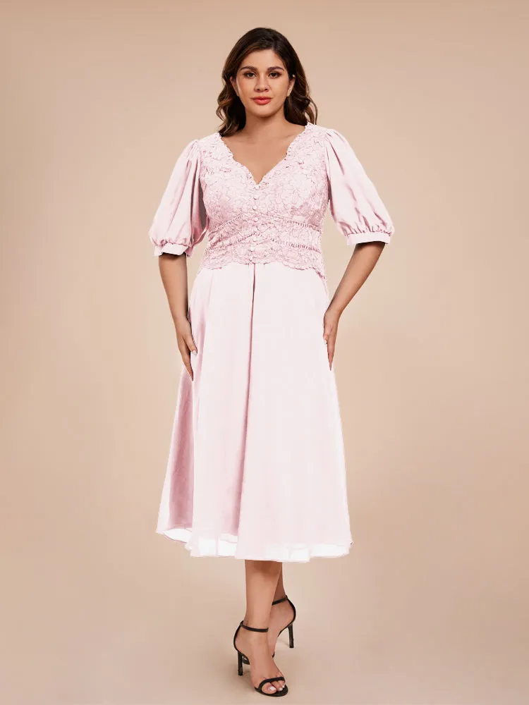 A-Line Lantern Sleeves V-Neck Lace Top Chiffon Mother Of The Bride Dress