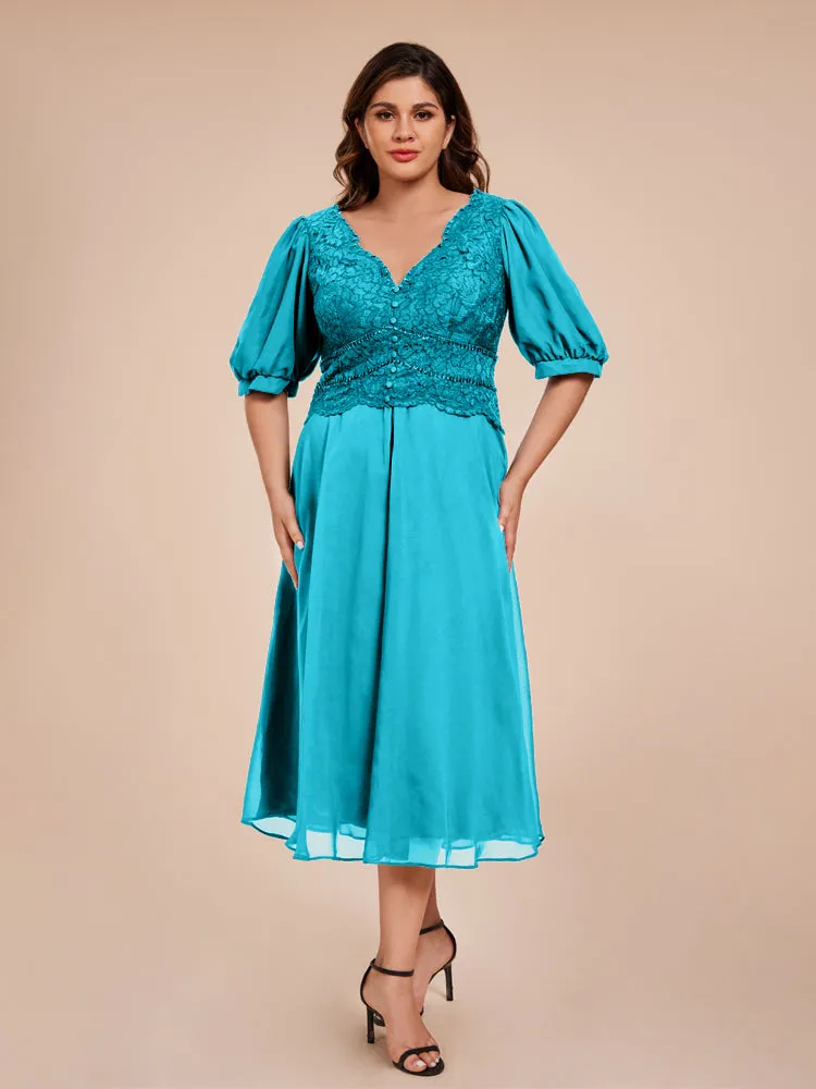 A-Line Lantern Sleeves V-Neck Lace Top Chiffon Mother Of The Bride Dress