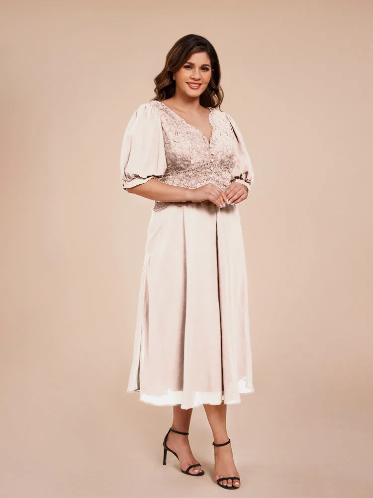 A-Line Lantern Sleeves V-Neck Lace Top Chiffon Mother Of The Bride Dress