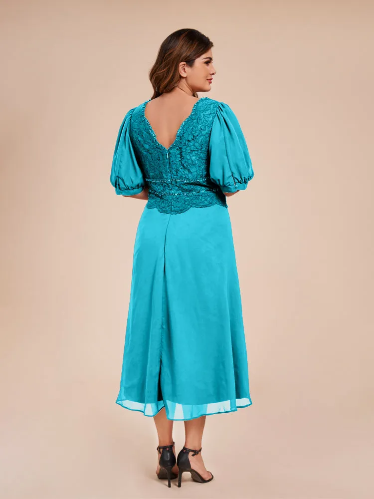 A-Line Lantern Sleeves V-Neck Lace Top Chiffon Mother Of The Bride Dress