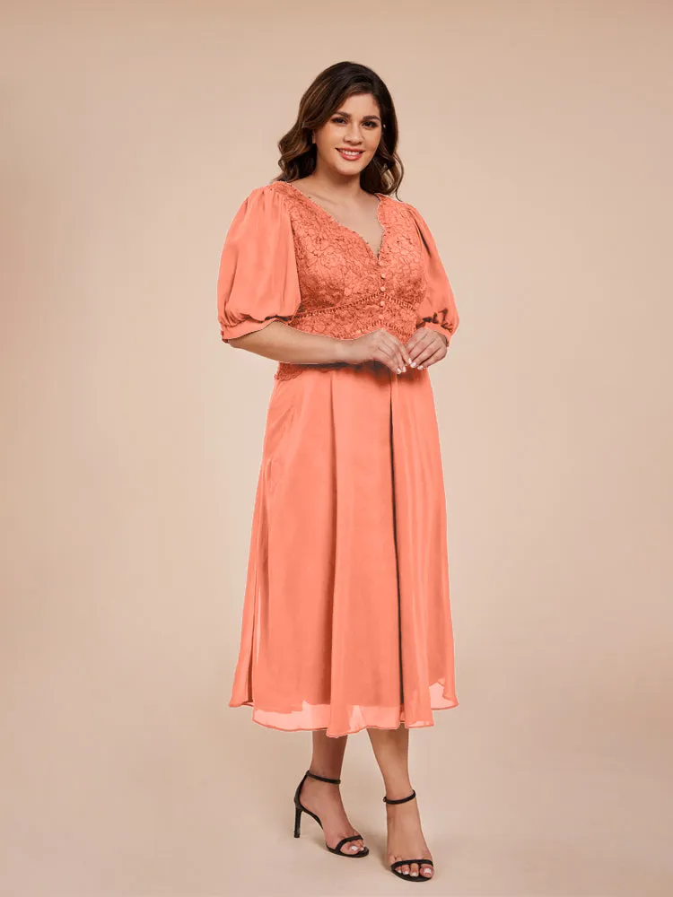 A-Line Lantern Sleeves V-Neck Lace Top Chiffon Mother Of The Bride Dress