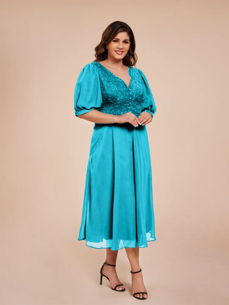 A-Line Lantern Sleeves V-Neck Lace Top Chiffon Mother Of The Bride Dress