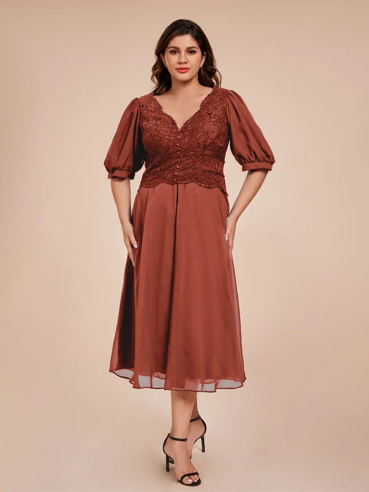 A-Line Lantern Sleeves V-Neck Lace Top Chiffon Mother Of The Bride Dress