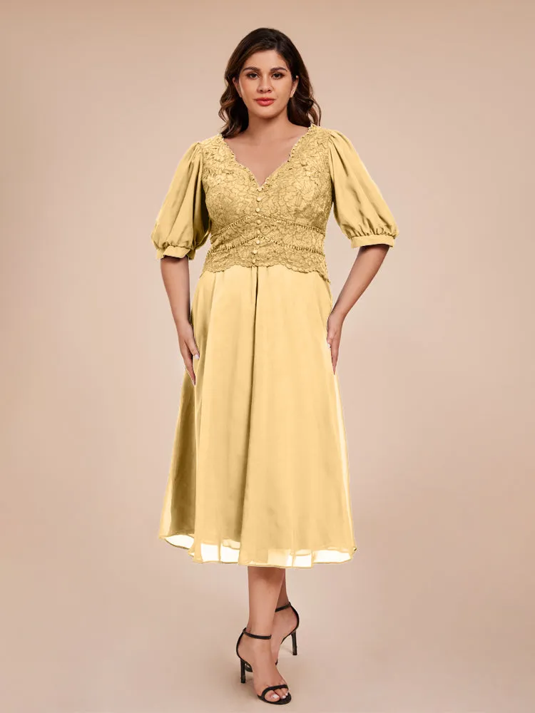 A-Line Lantern Sleeves V-Neck Lace Top Chiffon Mother Of The Bride Dress