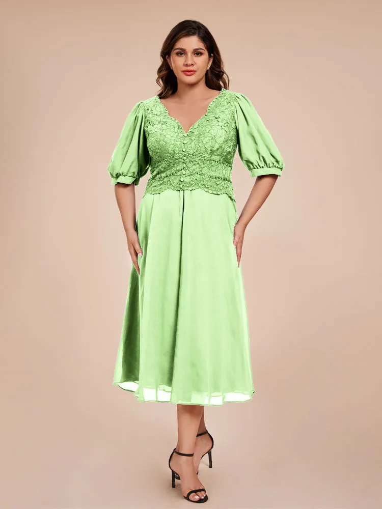 A-Line Lantern Sleeves V-Neck Lace Top Chiffon Mother Of The Bride Dress