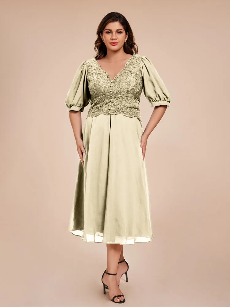 A-Line Lantern Sleeves V-Neck Lace Top Chiffon Mother Of The Bride Dress