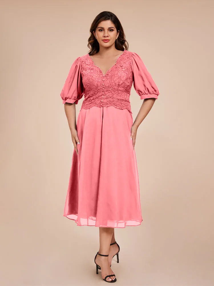 A-Line Lantern Sleeves V-Neck Lace Top Chiffon Mother Of The Bride Dress