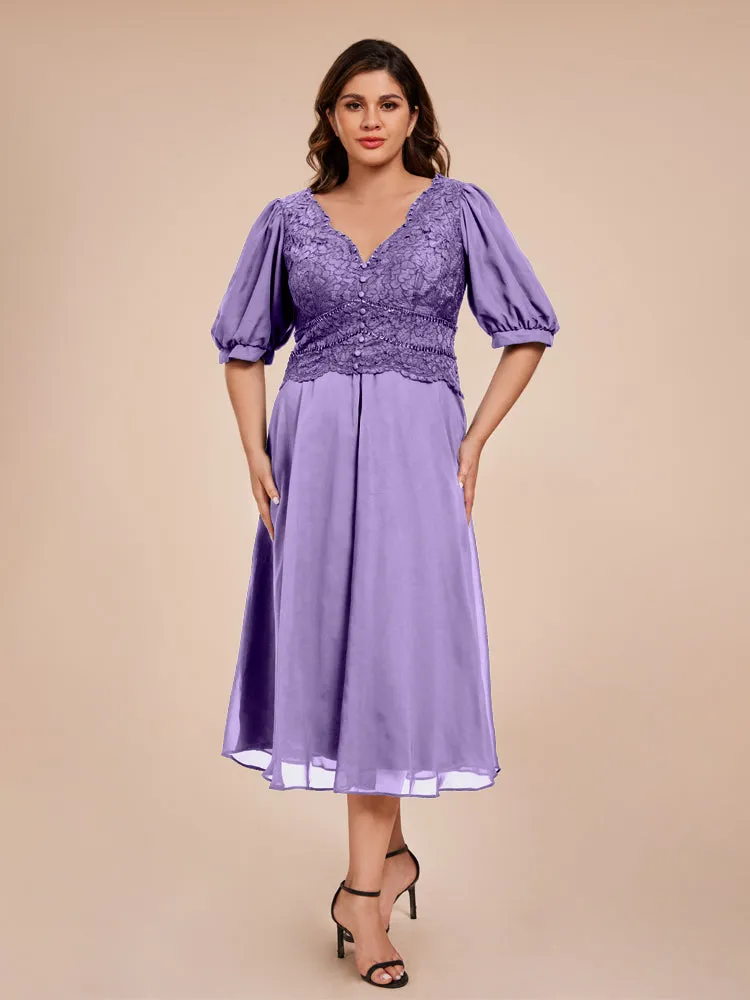 A-Line Lantern Sleeves V-Neck Lace Top Chiffon Mother Of The Bride Dress