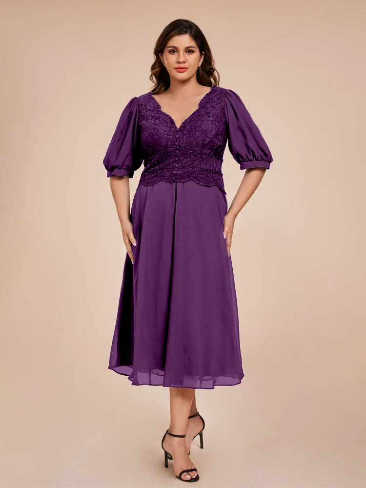 A-Line Lantern Sleeves V-Neck Lace Top Chiffon Mother Of The Bride Dress