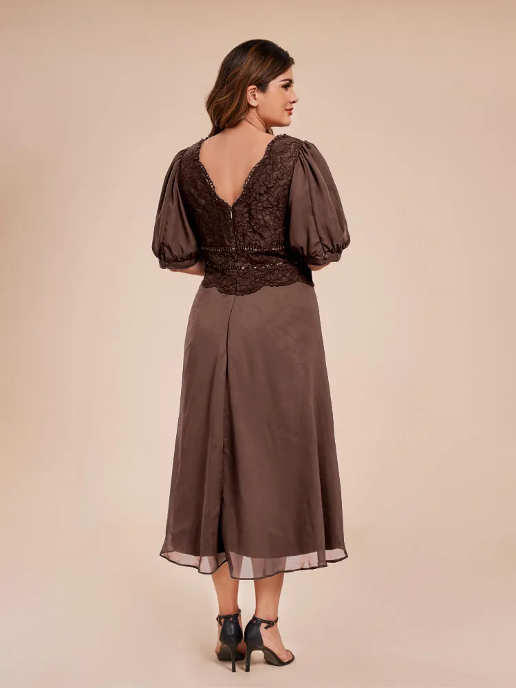 A-Line Lantern Sleeves V-Neck Lace Top Chiffon Mother Of The Bride Dress