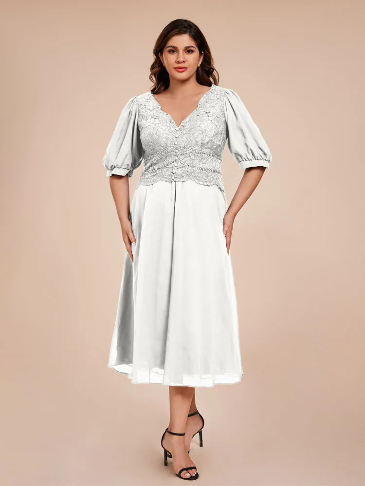 A-Line Lantern Sleeves V-Neck Lace Top Chiffon Mother Of The Bride Dress