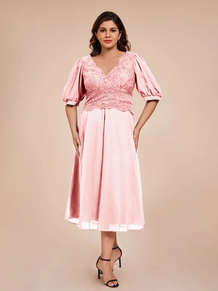 A-Line Lantern Sleeves V-Neck Lace Top Chiffon Mother Of The Bride Dress