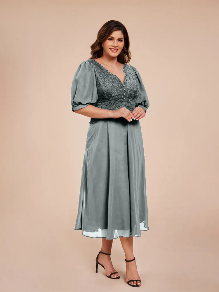 A-Line Lantern Sleeves V-Neck Lace Top Chiffon Mother Of The Bride Dress