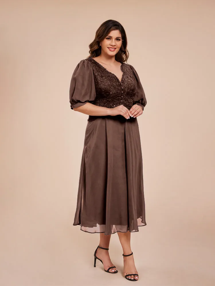 A-Line Lantern Sleeves V-Neck Lace Top Chiffon Mother Of The Bride Dress