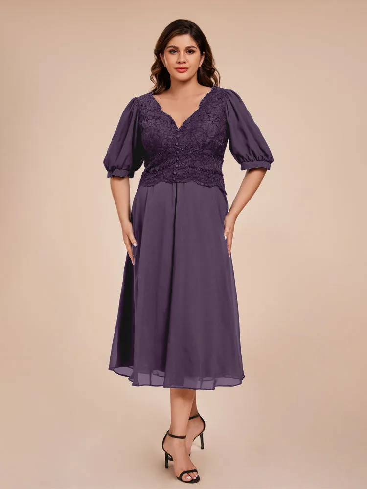 A-Line Lantern Sleeves V-Neck Lace Top Chiffon Mother Of The Bride Dress