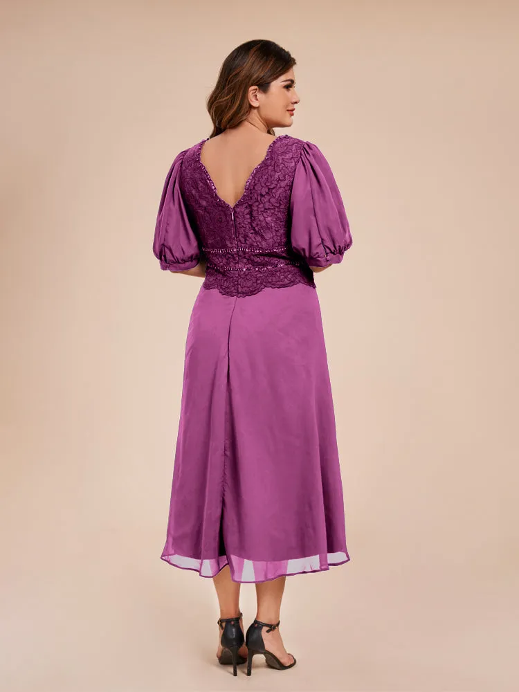 A-Line Lantern Sleeves V-Neck Lace Top Chiffon Mother Of The Bride Dress