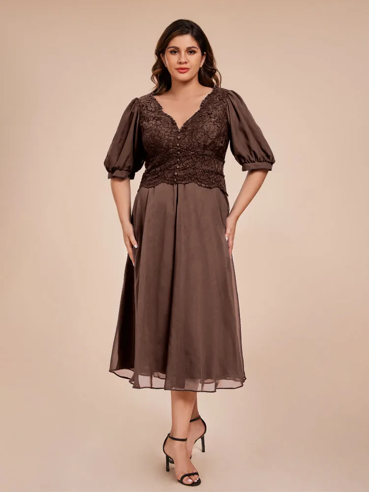 A-Line Lantern Sleeves V-Neck Lace Top Chiffon Mother Of The Bride Dress