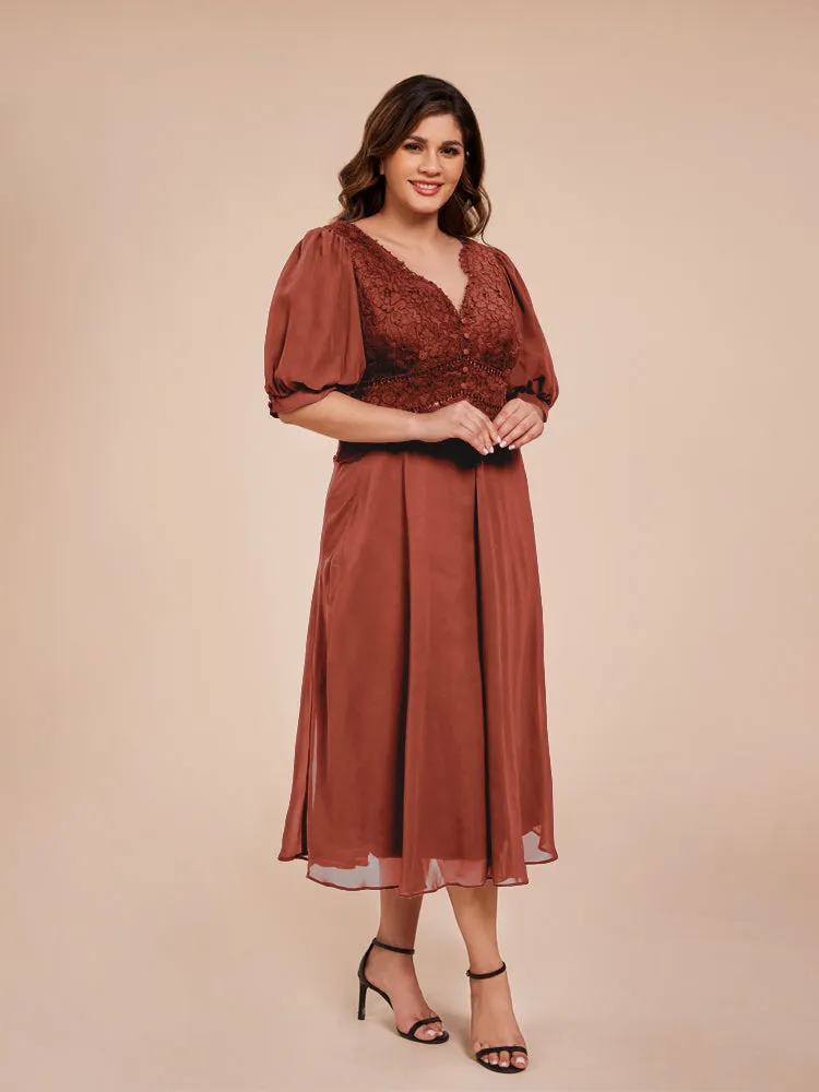 A-Line Lantern Sleeves V-Neck Lace Top Chiffon Mother Of The Bride Dress