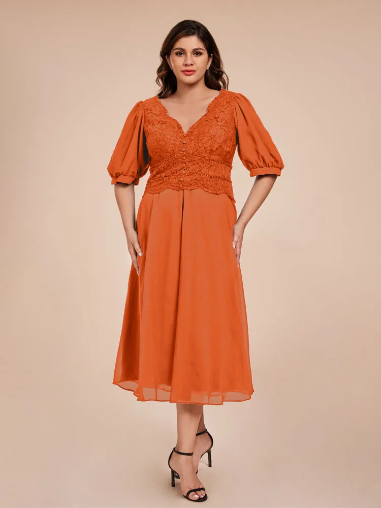 A-Line Lantern Sleeves V-Neck Lace Top Chiffon Mother Of The Bride Dress