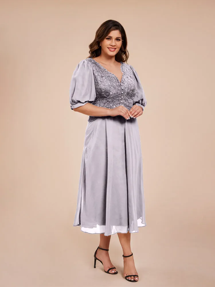 A-Line Lantern Sleeves V-Neck Lace Top Chiffon Mother Of The Bride Dress