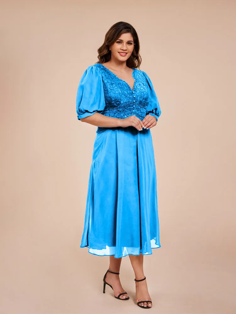 A-Line Lantern Sleeves V-Neck Lace Top Chiffon Mother Of The Bride Dress