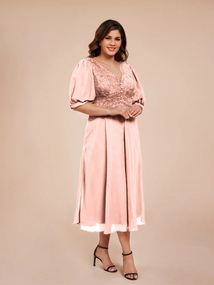 A-Line Lantern Sleeves V-Neck Lace Top Chiffon Mother Of The Bride Dress