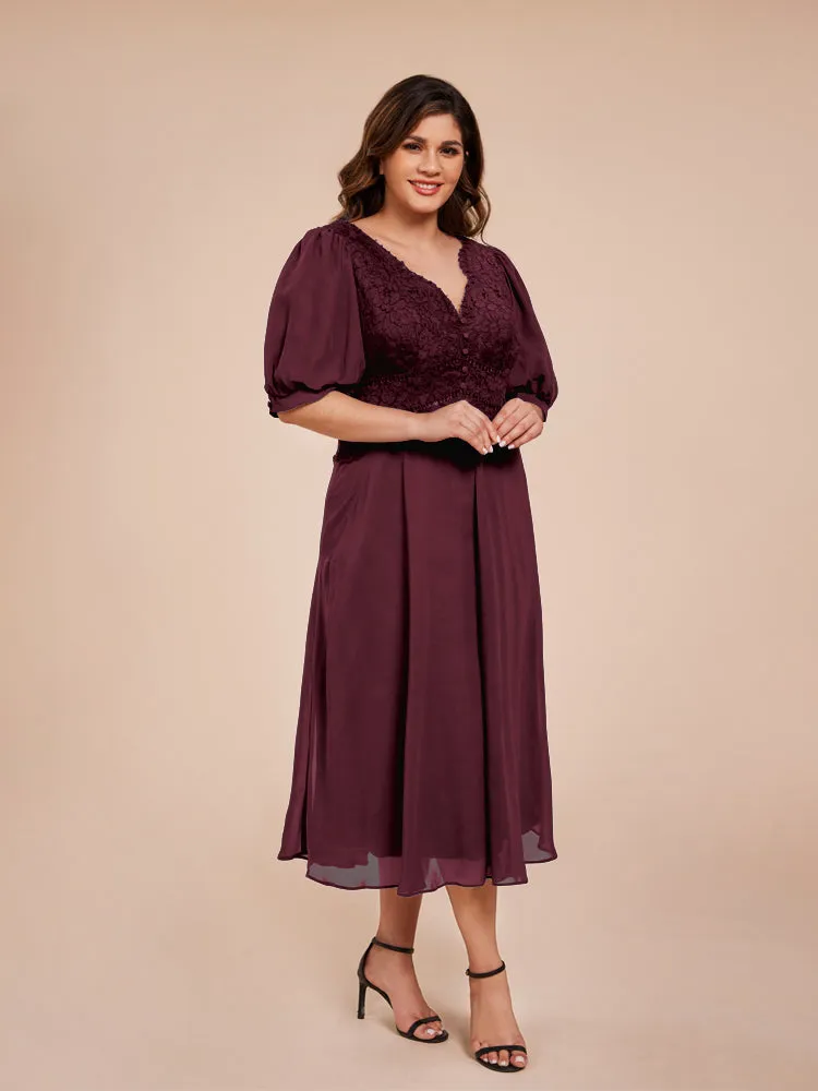 A-Line Lantern Sleeves V-Neck Lace Top Chiffon Mother Of The Bride Dress