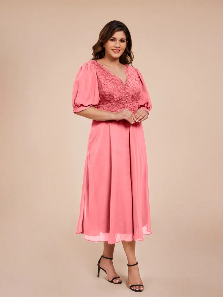 A-Line Lantern Sleeves V-Neck Lace Top Chiffon Mother Of The Bride Dress