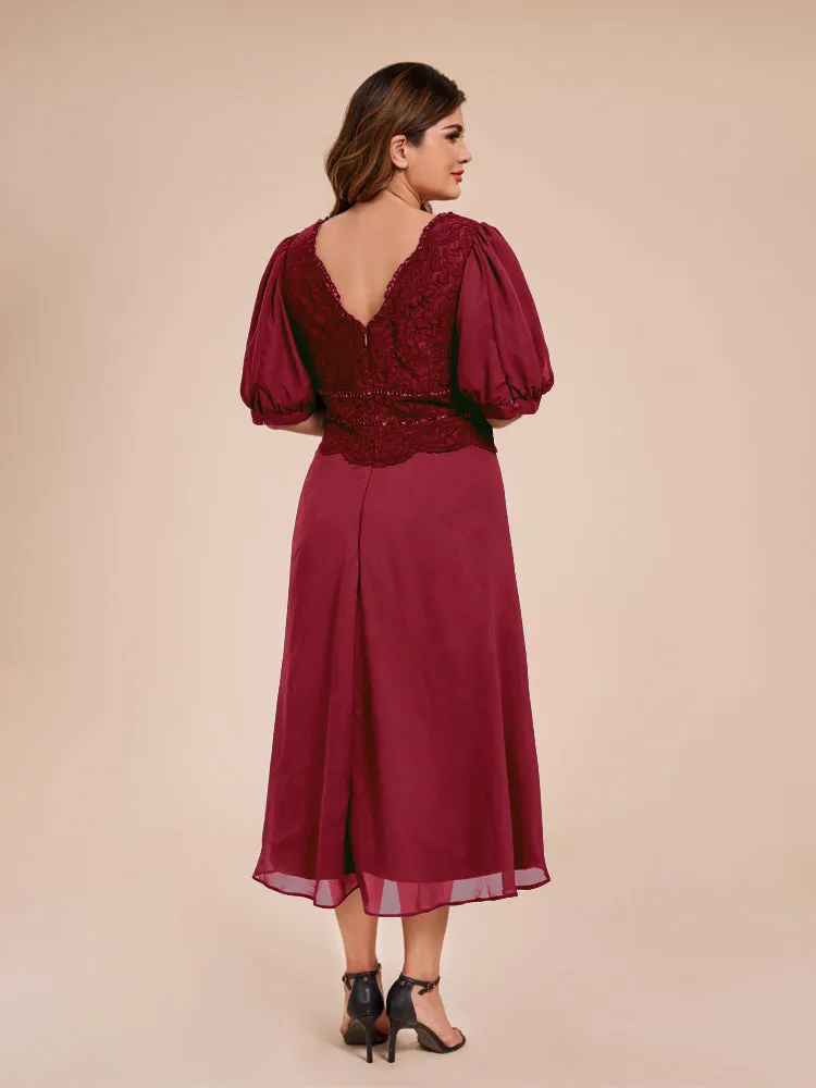 A-Line Lantern Sleeves V-Neck Lace Top Chiffon Mother Of The Bride Dress