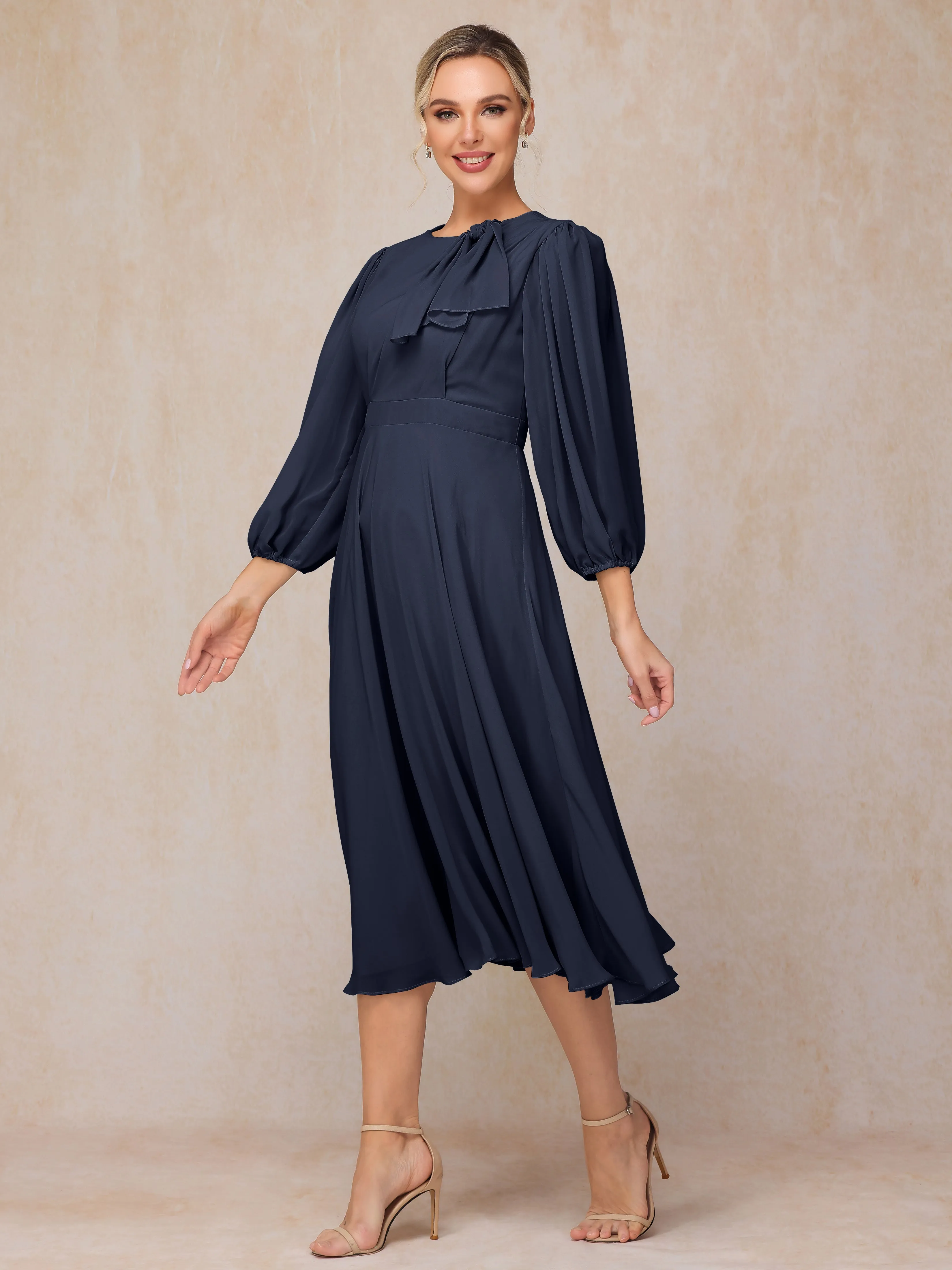 A-Line Long Sleeves Tea-Length Chiffon Mother of the Bride Dress