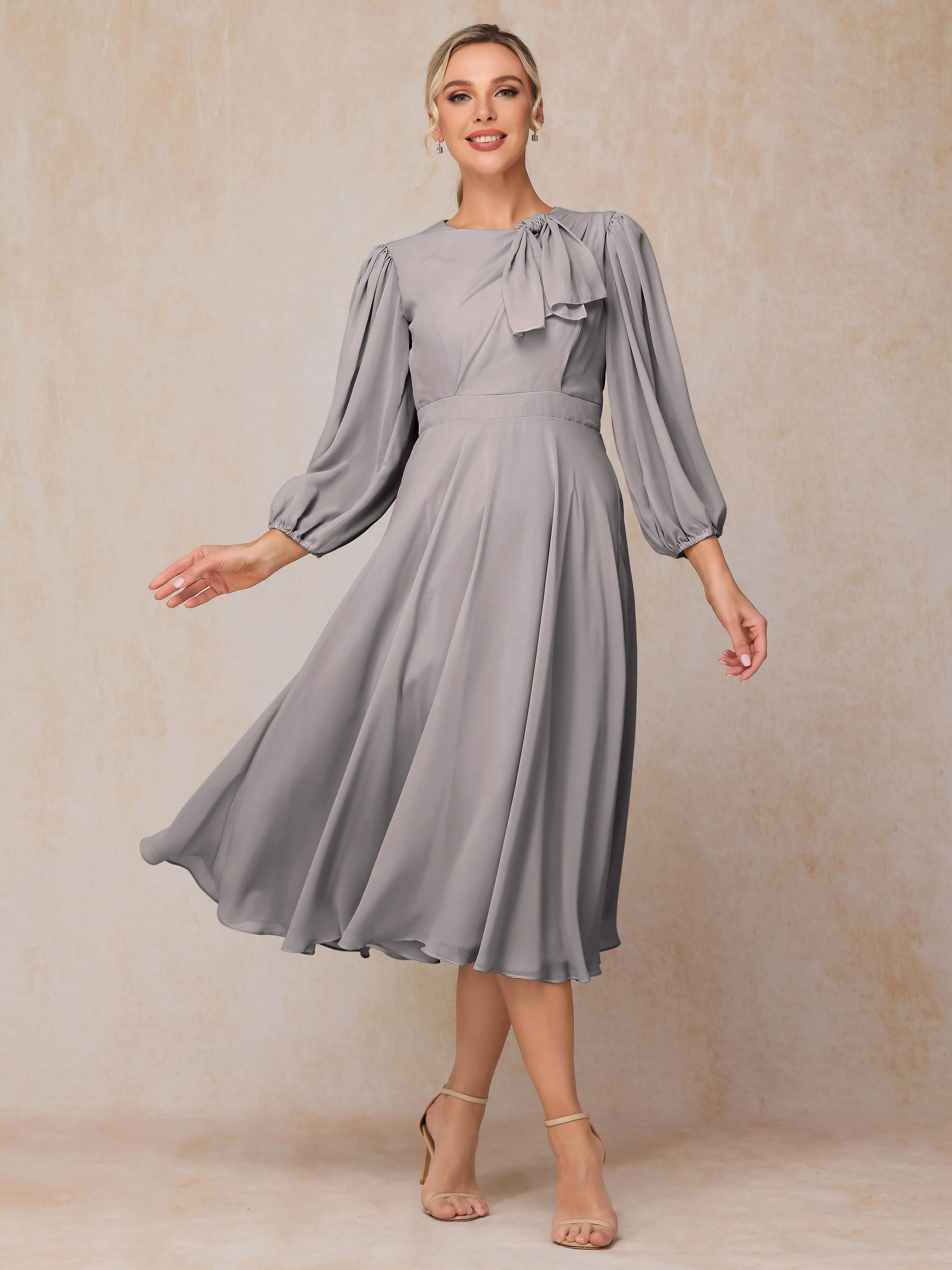 A-Line Long Sleeves Tea-Length Chiffon Mother of the Bride Dress