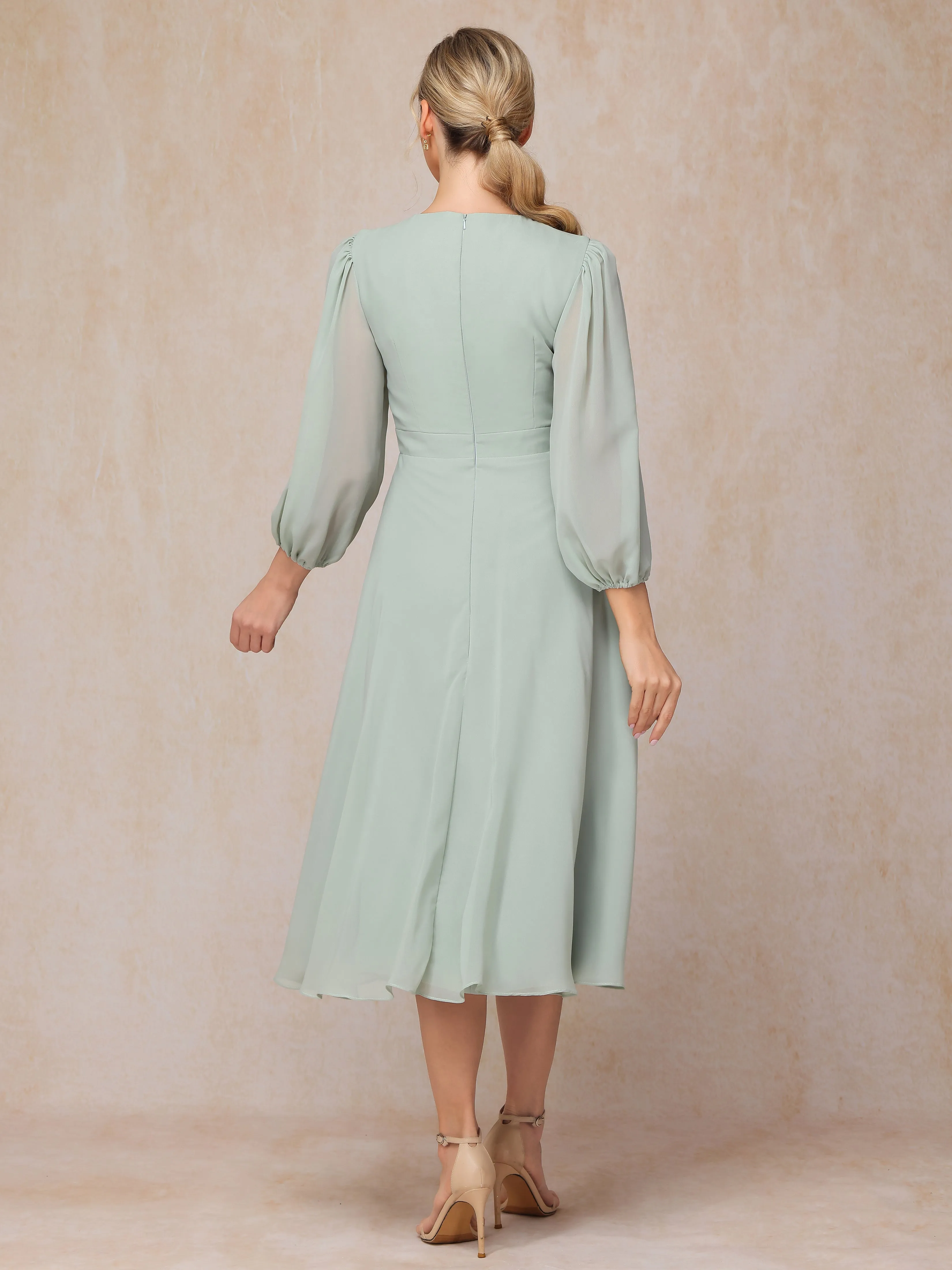 A-Line Long Sleeves Tea-Length Chiffon Mother of the Bride Dress