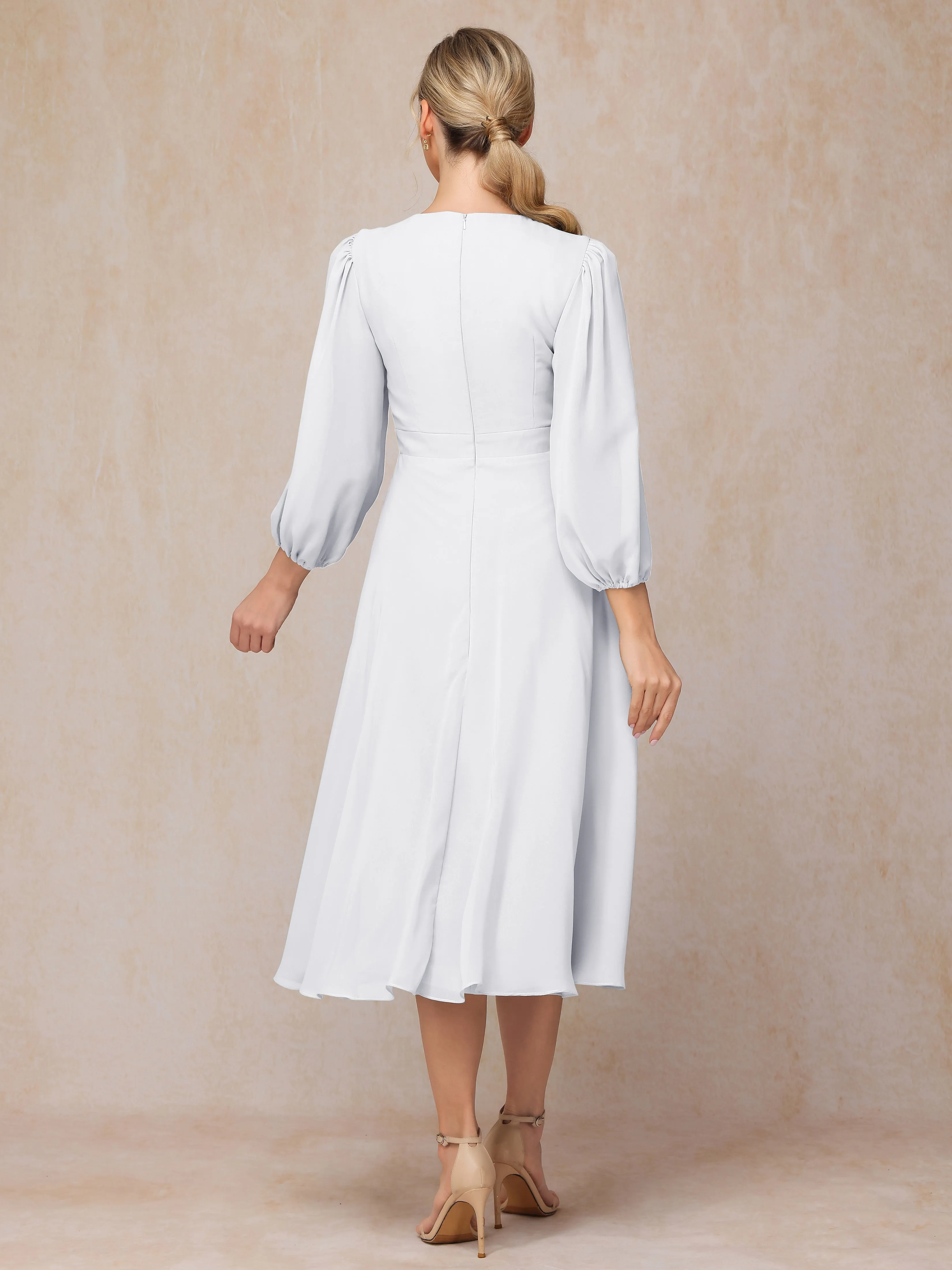 A-Line Long Sleeves Tea-Length Chiffon Mother of the Bride Dress