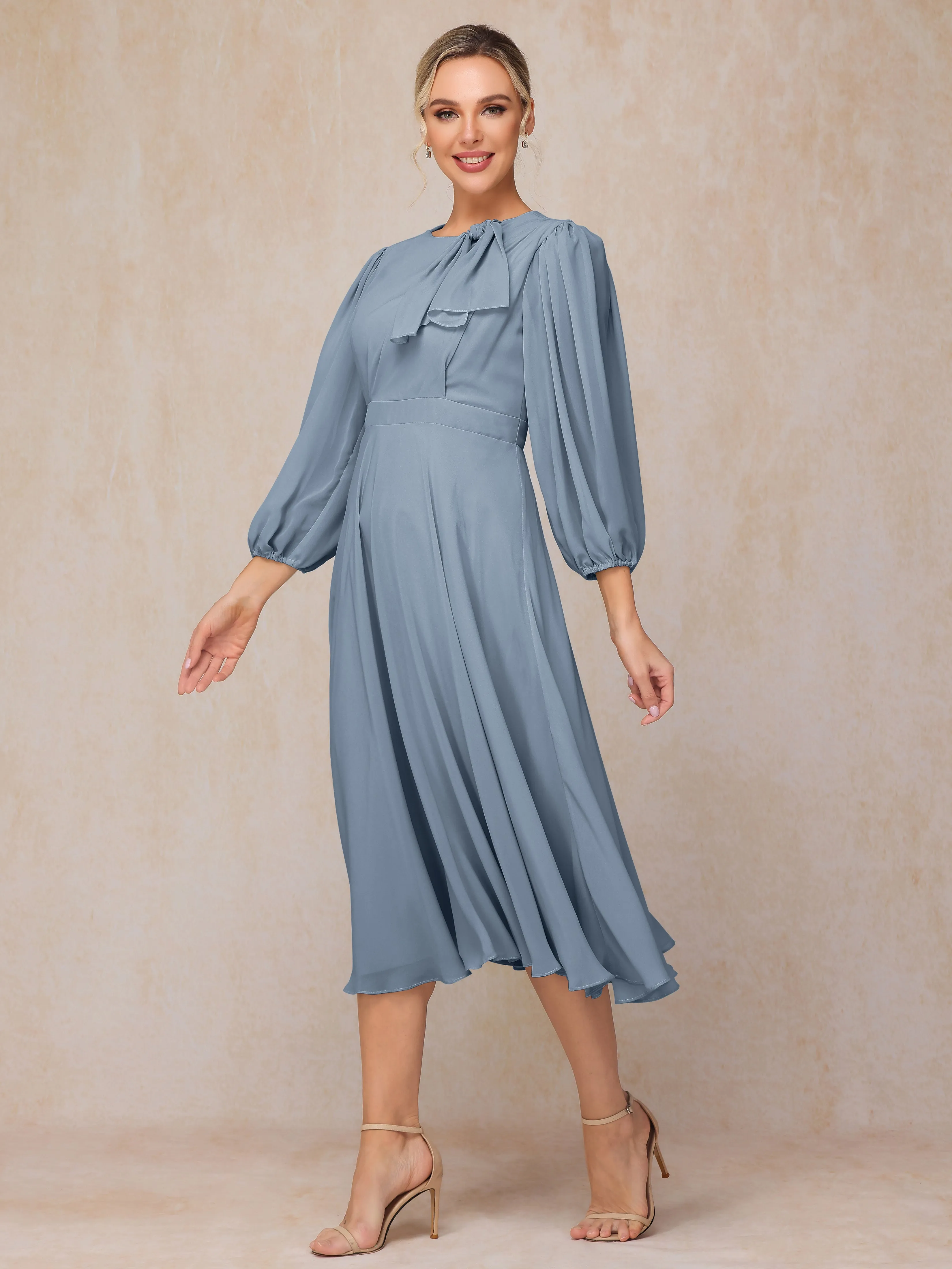 A-Line Long Sleeves Tea-Length Chiffon Mother of the Bride Dress