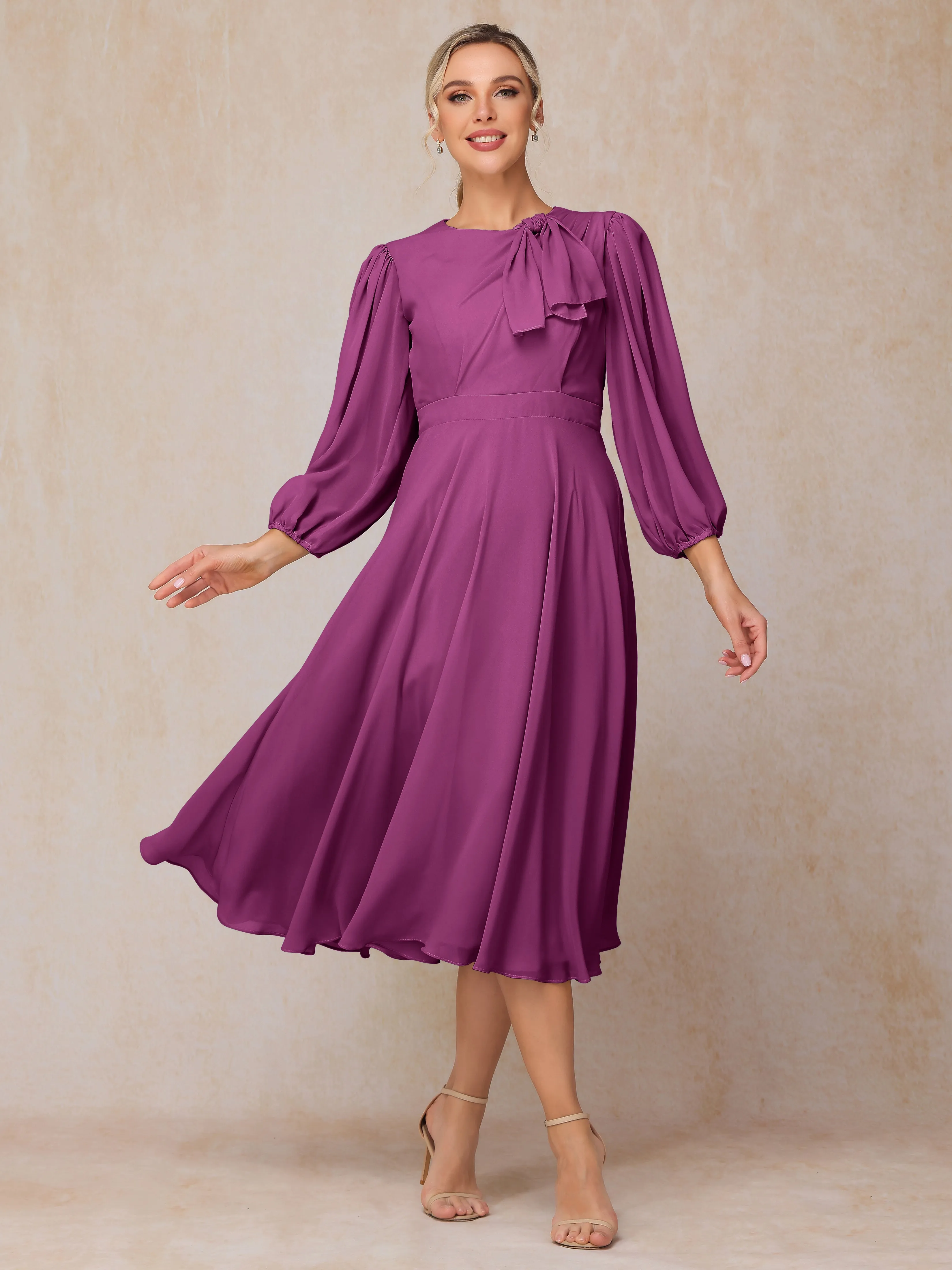 A-Line Long Sleeves Tea-Length Chiffon Mother of the Bride Dress