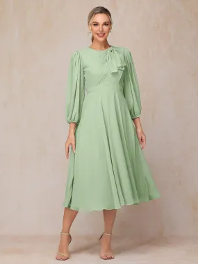 A-Line Long Sleeves Tea-Length Chiffon Mother of the Bride Dress