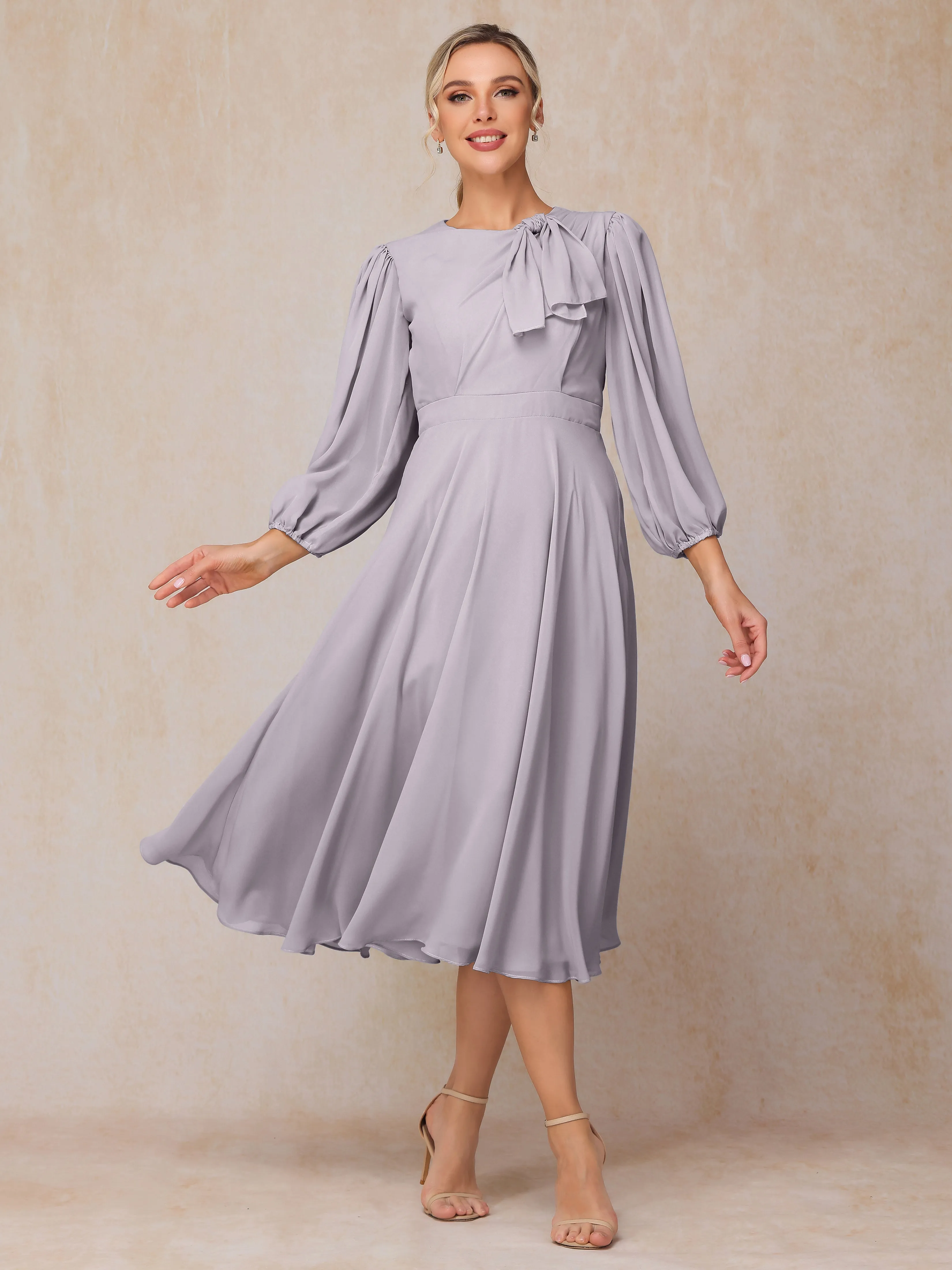 A-Line Long Sleeves Tea-Length Chiffon Mother of the Bride Dress