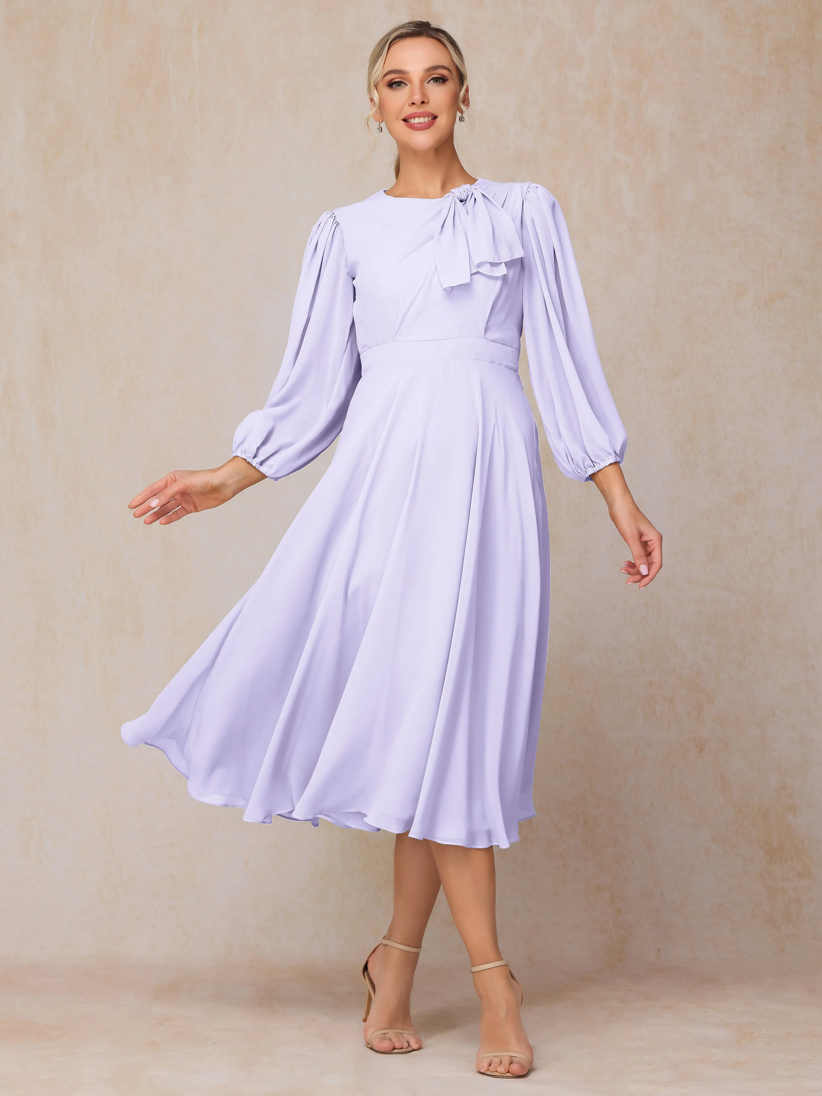 A-Line Long Sleeves Tea-Length Chiffon Mother of the Bride Dress