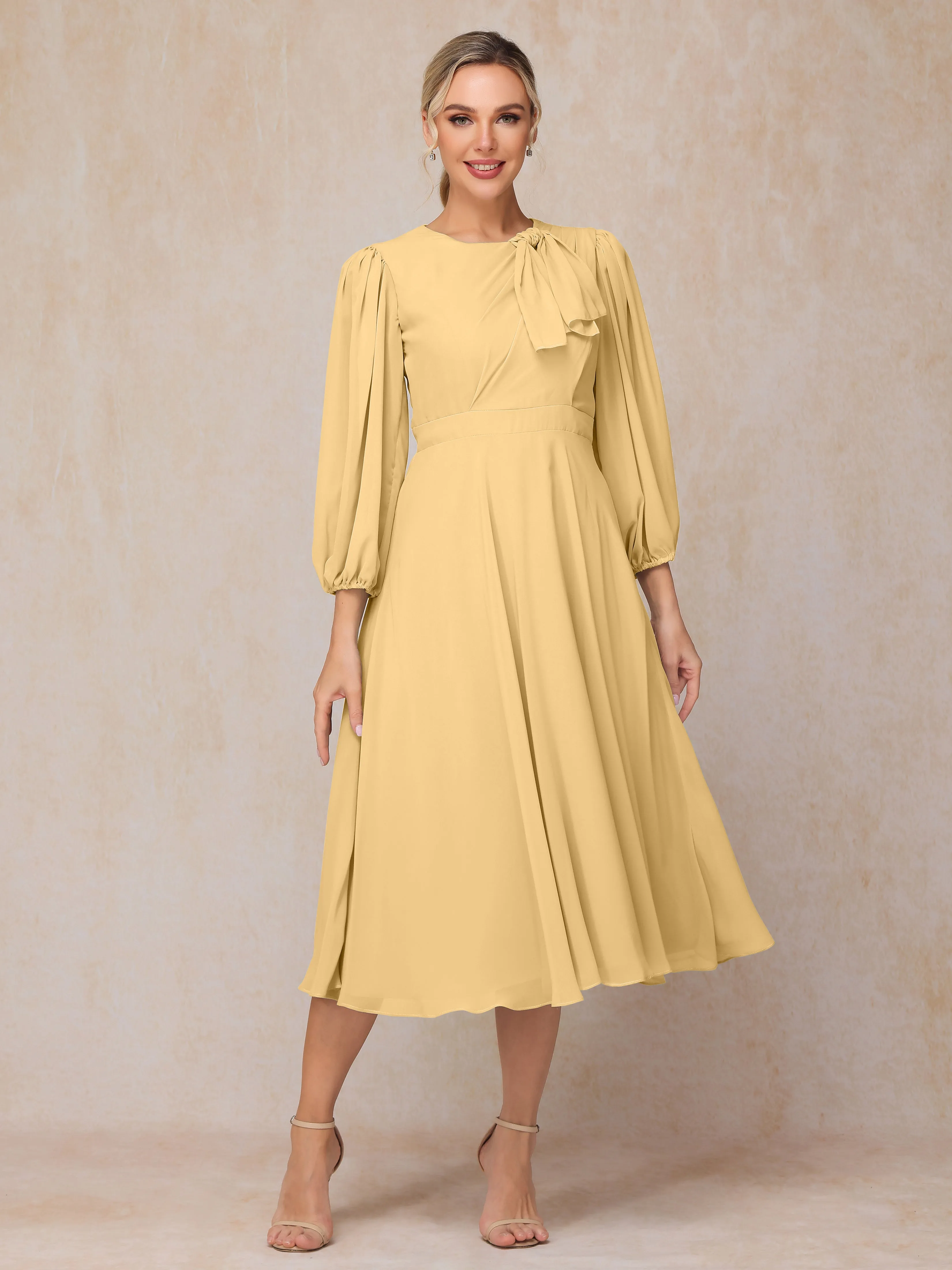 A-Line Long Sleeves Tea-Length Chiffon Mother of the Bride Dress