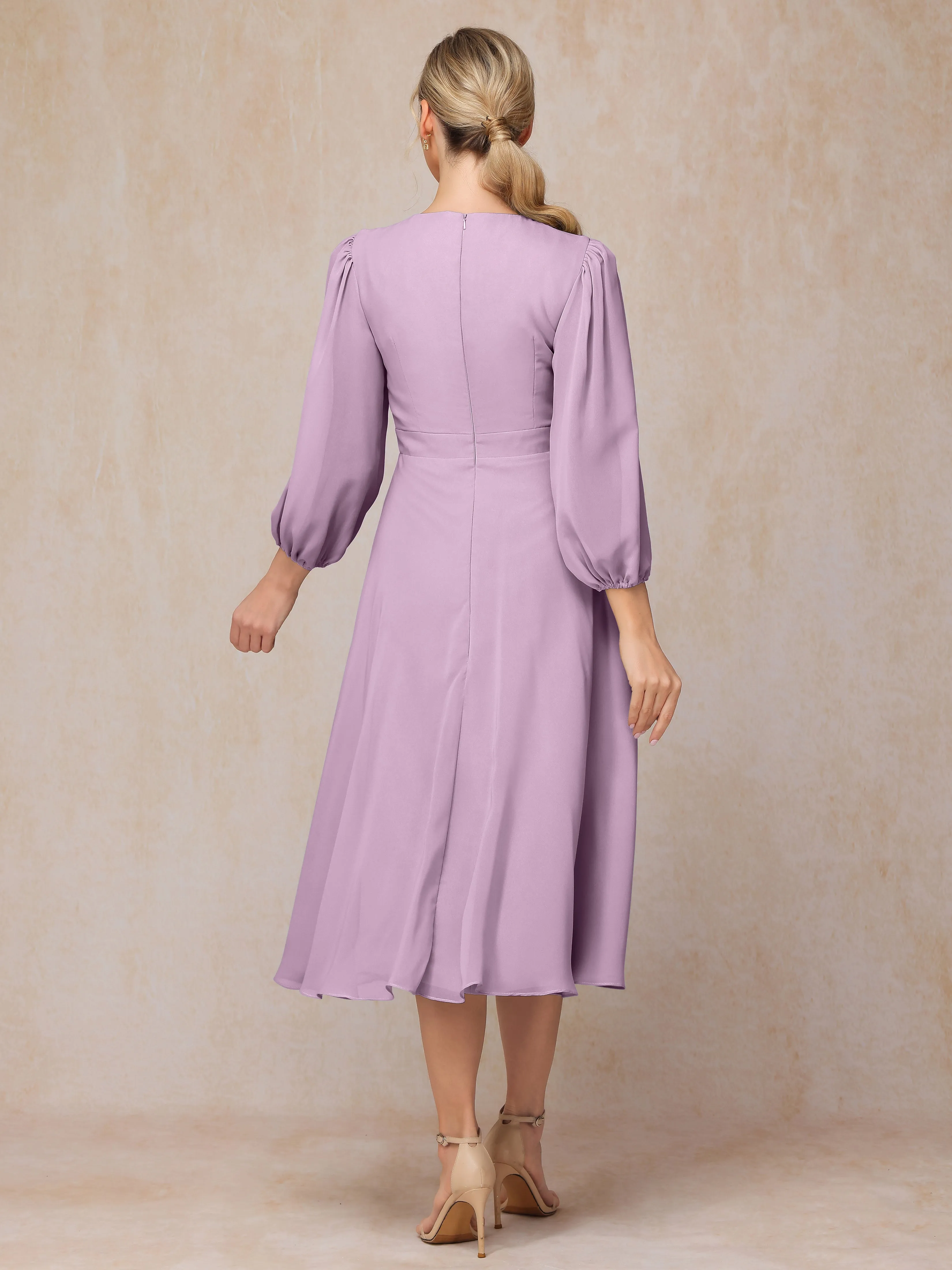 A-Line Long Sleeves Tea-Length Chiffon Mother of the Bride Dress