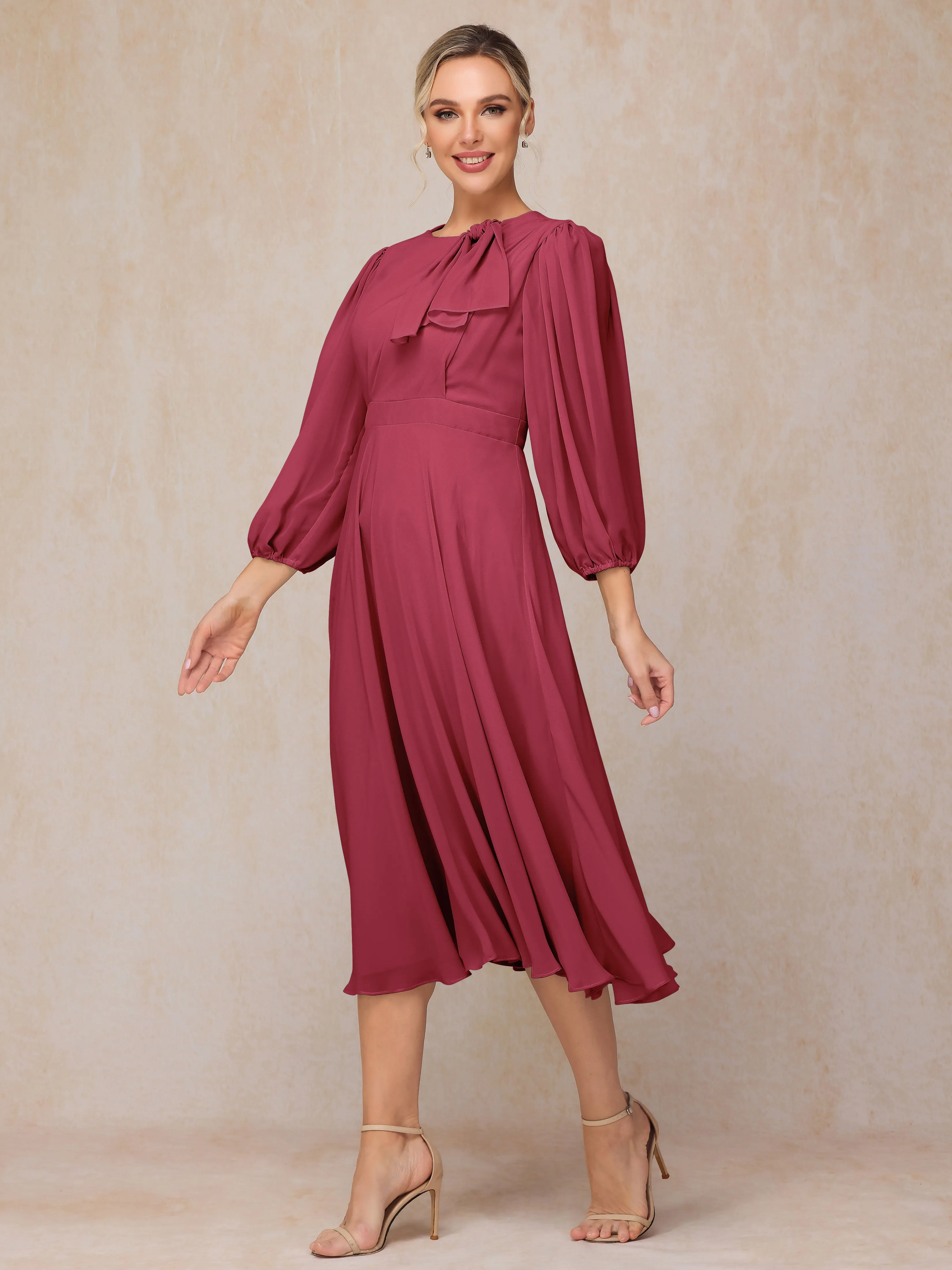 A-Line Long Sleeves Tea-Length Chiffon Mother of the Bride Dress